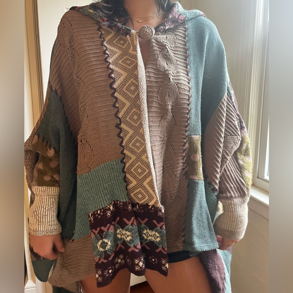 Patchwork knit hooded poncho